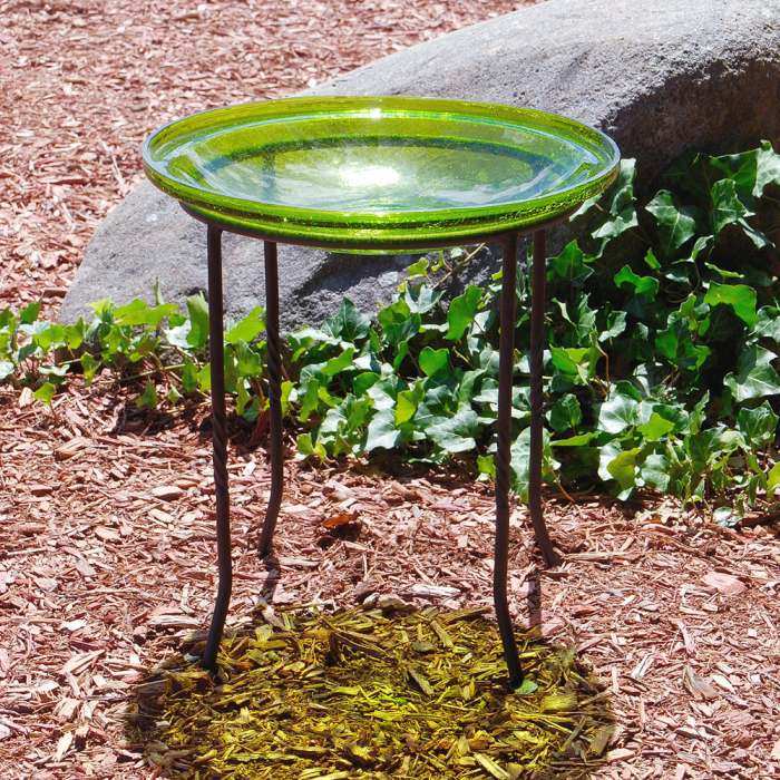 Crackle Glass Birdbath Fern Green w/Ring Stand